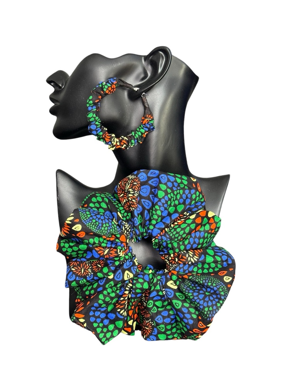Handmade African Ankara Print Scrunchie & Hoop Earring Set | Green Floral